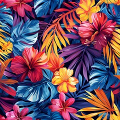 tropical pattern for cloth, featuring colorful palm leaves and exotic flowers