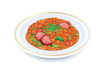 Jambalaya dish with shrimp, sausage and rice vector illustration. Plate of Jambalaya with vegetables, sausage, and shrimp icon isolated on a white background. Classic meal in Louisiana