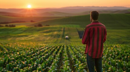 A smart farmer or agronomist is working with computer laptop at his corn field or maize field at agriculture farm.	
