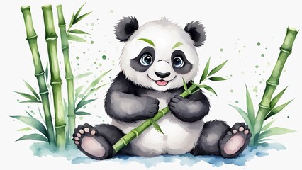 Fototapeta premium Watercolor style of a cute cartoon style panda eating bamboo while sitting with a content smile and big sparkling eyes on white background