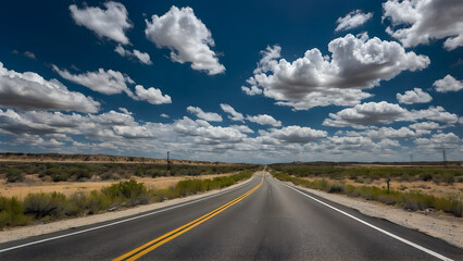 A straight asphalt highway with blue sky