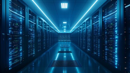 Fototapeta premium Seamless cloud data migration strategy: AI achieves efficient transmission, seamless data migration to the cloud, and image display data is transferred from local servers to cloud storage