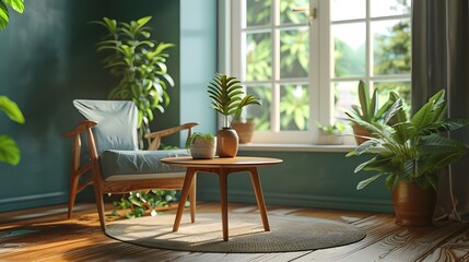 Fototapeta premium Stylish Mid Century Modern Wooden Table in Chic Living Room with Greenery