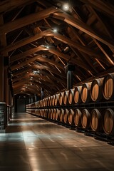 Oak barrel wine storage room with wooden beams and rafters. Wine barrels stacked neatly against each other in dimly lit space. Neutral walls provide backdrop for rich brown color of wine barrels.