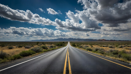 Naklejka premium A straight asphalt highway with blue sky