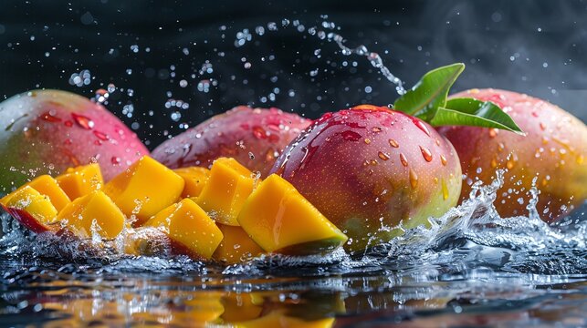 Sliced Haden mangoes tumbling into water with dynamic splashes and droplets against a black background Stock Photo with copy space