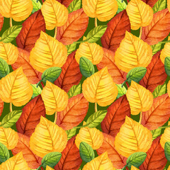 watercolor seamless pattern of autumn forest leaves, hand drawn illustration of yellow and orange forest leaves, green and brown different leaves, sketch on green background