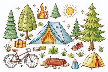 Fototapeta premium Whimsical hand-drawn illustration of camping adventure elements, including tent, campfire, backpack, bicycle, and trees, set against a clean white background, perfect for outdoor enthusiasts.