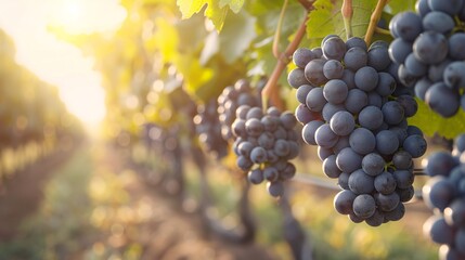 Fototapeta premium A vineyard with lush grapevines and clusters of ripe Concord grapes ready to be harvested under the bright sun Stock Photo with copy space
