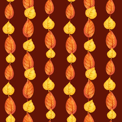 watercolor seamless pattern of autumn forest leaves, hand drawn illustration of yellow and orange forest leaves, green and brown different leaves, sketch on brown background
