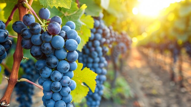 A vineyard with lush grapevines and clusters of ripe Concord grapes ready to be harvested under the bright sun Stock Photo with copy space