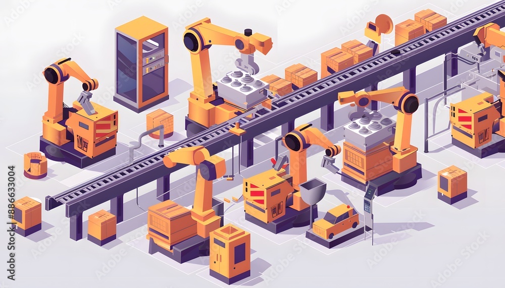 Poster automated factory production line with robotic arms