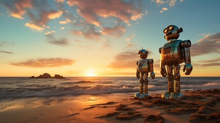 Two robots stand on a beach at sunset, silhouetted against the sky. 