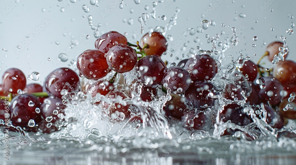 Poster Bunches of Red Globe grapes creating a splash effect in water with vibrant droplets against a white background emphasizing their bright red color Stock Photo with copy space