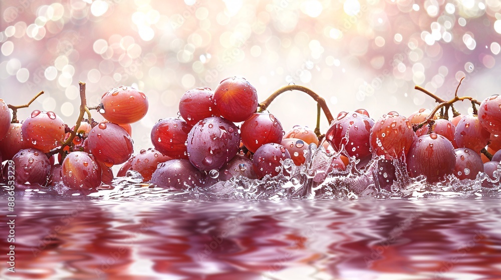 Poster bunches of red globe grapes creating a splash effect in water with vibrant droplets against a white 