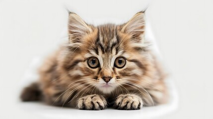 This is a close-up image of a kitten with striking blue eyes and a striped fur pattern. 