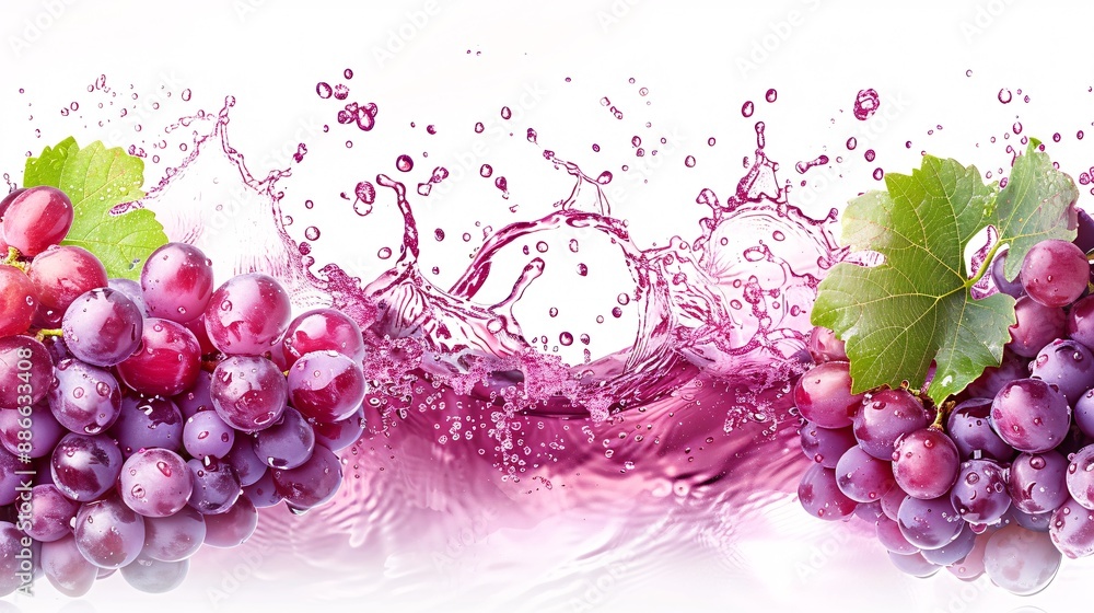 Poster Grapes being crushed for winemaking with a dynamic splash of grape juice and water droplets against a white background Stock Photo with copy space