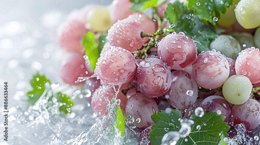 Poster Grapes being crushed for winemaking with a dynamic splash of grape juice and water droplets against a white background Stock Photo with copy space