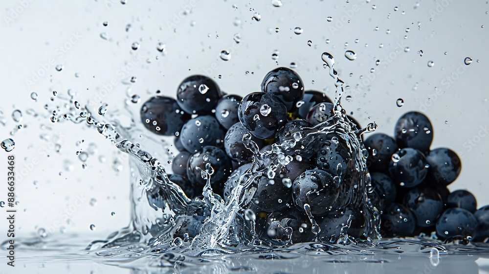 Poster Grapes being crushed for winemaking with a dynamic splash of grape juice and water droplets against a white background Stock Photo with copy space