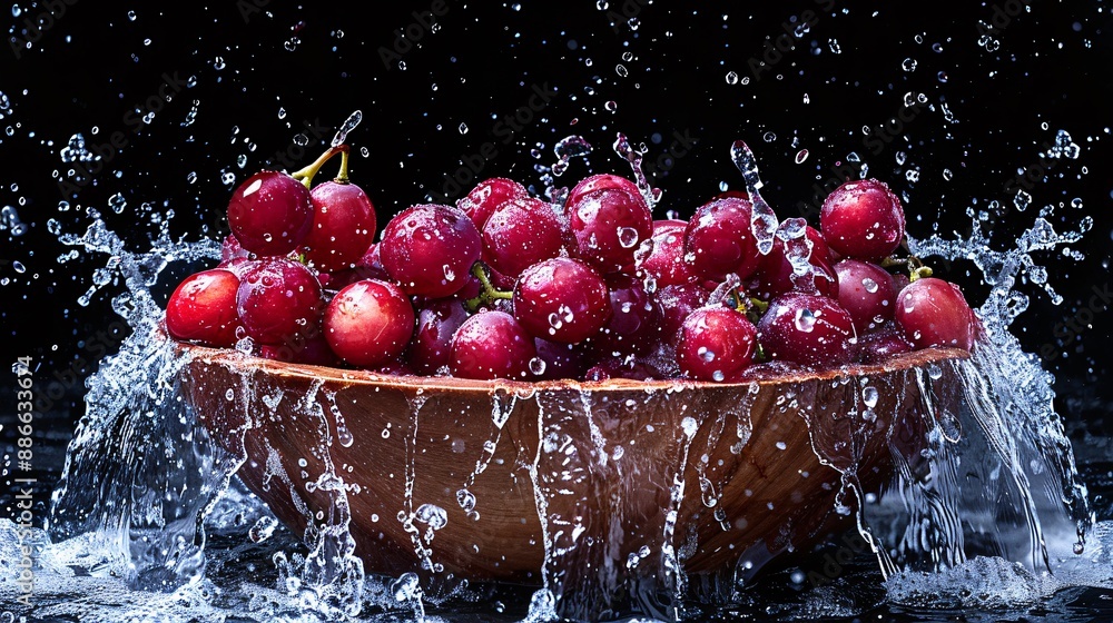 Aufkleber Red Globe grapes in a bowl being rinsed with water creating a splash effect against a black background highlighting their glossy texture Stock Photo with copy space