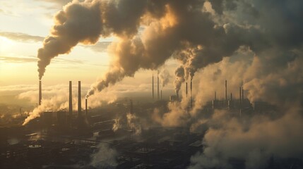 Fototapeta premium A 3D depiction of an industrial area with factories emitting thick smoke into the sky, representing the contribution of industrial activities to global warming.