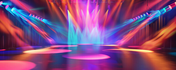 A vibrant dance stage illuminated with colorful spotlights, casting dynamic shadows. The background features swirling light patterns, creating an energetic atmosphere perfect for a dance performance.