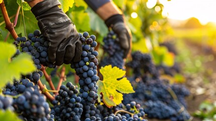 Hands picking Concord grapes in a vineyard with a backdrop of grapevines and the morning sun highlighting the harvest process against a white background Stock Photo with copy space