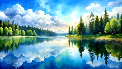 Fototapeta premium A Moment of Reflection: A Watercolor Painting of a Serene Lake Under a Clear Sky, Capturing the Tranquility of Water and Nature Generative Art IA