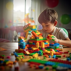 The image shows a young boy playing withs on a table boy is holding a leggo brick.