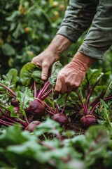 Garden scene of hands holding fresh red beets with green leaves. Person admires nature beauty in a rich environment. Close-up shot of beetroot harvesting in a garden setting.
