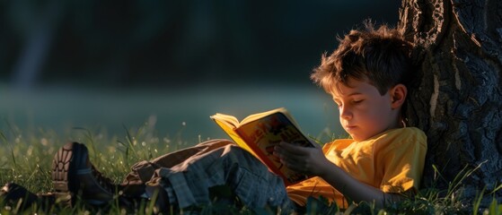 Fototapeta premium Boy Reading a Book Under a Tree in the Late Afternoon Sun