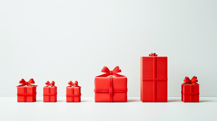 Gifts of different sizes in red with a bow on a white background