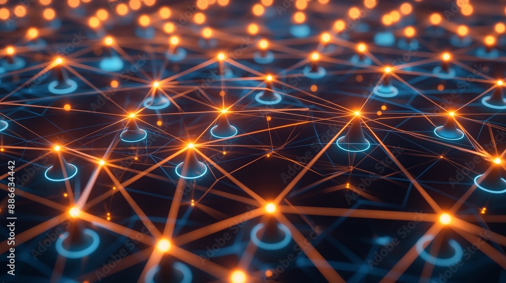 Aufkleber a 3d network grid with interconnected nodes glowing brightly, representing the robust and successful