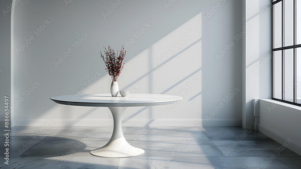 Poster sleek white round table in minimalist room with subtle lighting for elegant product display