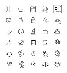 Chlorine and pool safety icon set. The outline icons are well scalable and editable. Contrasting elements are good for different backgrounds. EPS10.