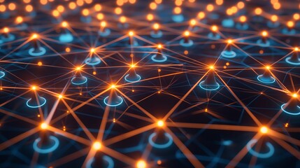 A 3D network grid with interconnected nodes glowing brightly, representing the robust and successful nature of strategic business management.