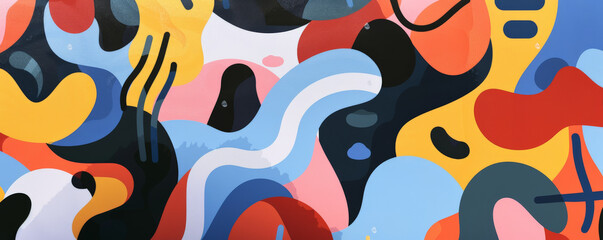 Modern art mural wallpaper background with bold, overlapping shapes in contrasting colors, creating a vibrant and eye-catching composition.