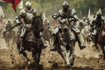 Fototapeta premium Medieval knights in armor clashing on horseback in battle.