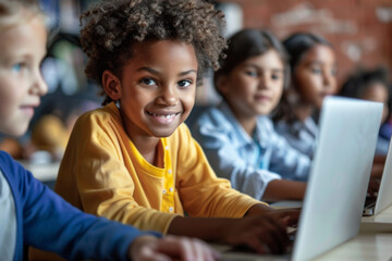 Diverse group of smiling children at computers in a classroom setting.
