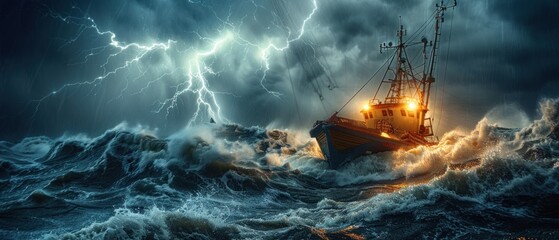 In the heart of a raging storm, a fishing boat battles towering waves and fierce winds. Lightning streaks across the sky, casting an eerie glow on the turbulent sea. The boat's crew works tirelessly