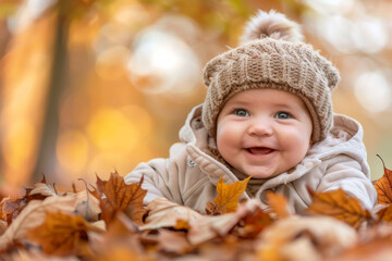 Fototapeta premium Little baby stretched out on the ground surrounded by autumn leaves