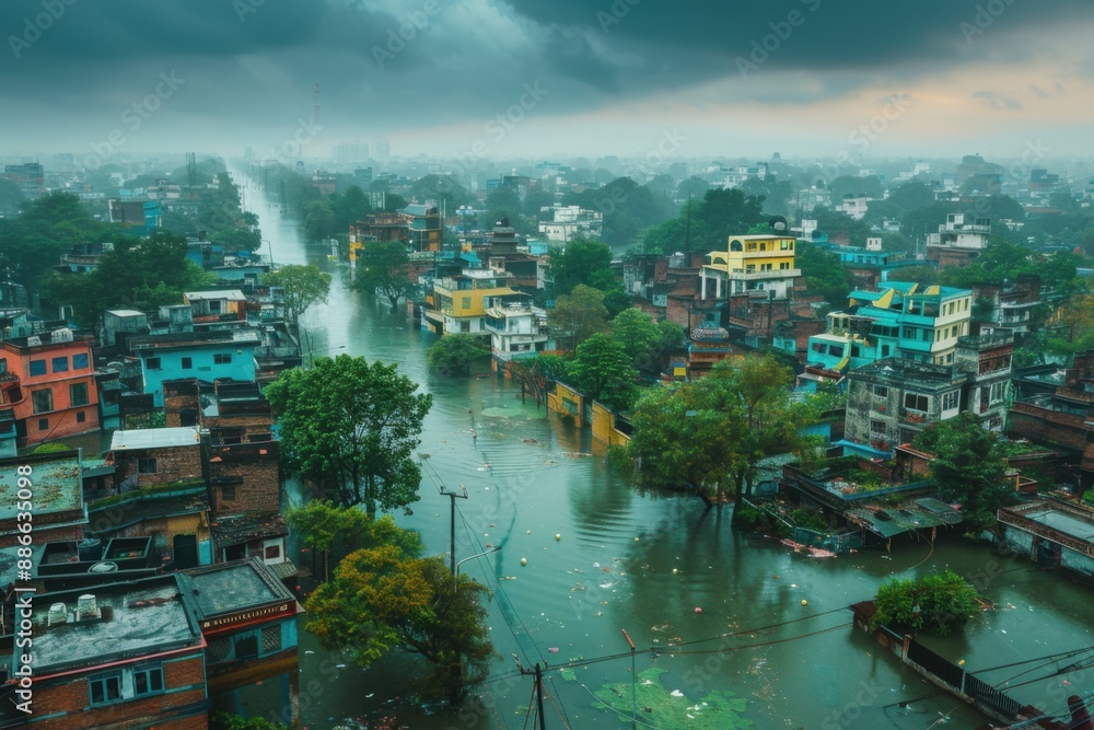 Wall mural drone view of flood of home under water