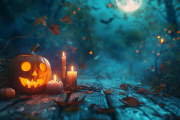 Moonlit Mystique: A Haunting Halloween Eve with Glowing Pumpkins and Candlelight