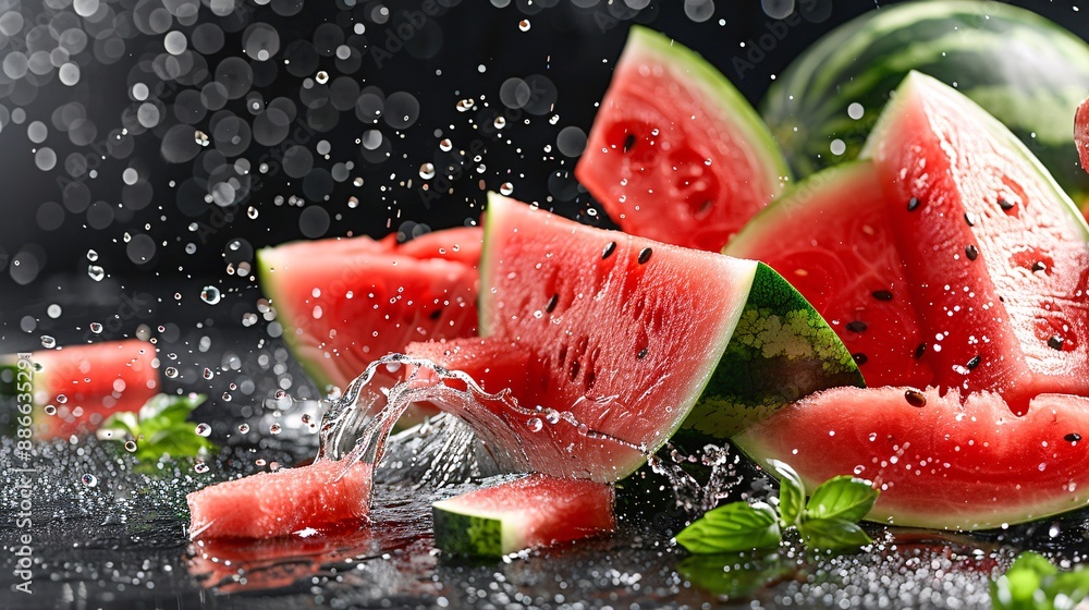 Poster a dynamic splash of watermelon juice and water droplets with whole and sliced picnic watermelons aga