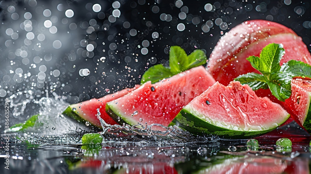 Poster a dynamic splash of watermelon juice and water droplets with whole and sliced picnic watermelons aga