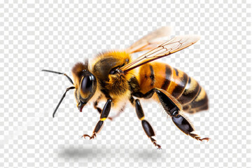 A highly detailed macro shot of a honeybee, showcasing its intricate wings and fuzzy body against a white backdrop
