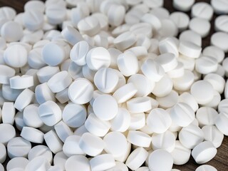 Heap of white pills, vitamins and drugs for health