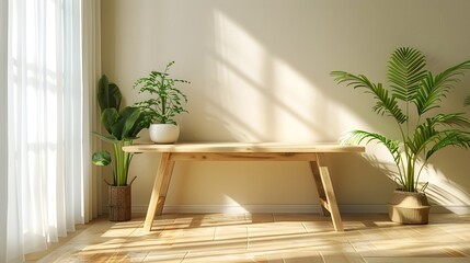 Bright Airy Room with Minimalist Wooden Table for Product Display