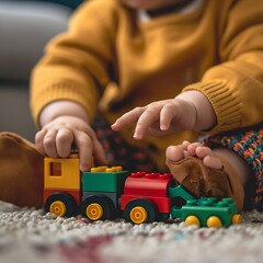 A baby playing with a train made of blocks,  baby is sitting on the floor.