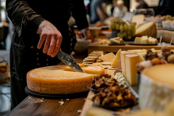 Artisan Cheesemonger Slicing Aged Cheddar on Wooden Counter with Cheese Samples and Crackers